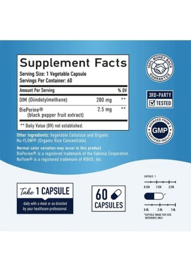 SM Nutrition Dim 200 mg Bioperine Estrogen Balance Support 60 Capsules resmi