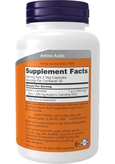 Now Foods Acetyl-L Carnitine 500 Mg Amino Acid Brain And Nerve Cell Function 100 Veg Capsules resmi