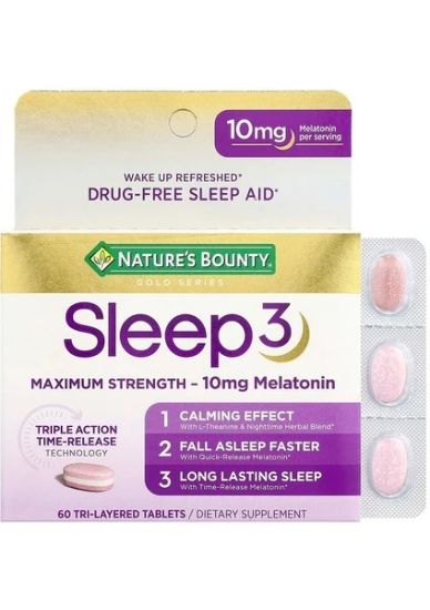 Nature's Bounty Natures Nature's Bounty Gold Series Sleep3 Maximum Strength 10  Melatonin Melatonina 60 Tri-Layered Tablets resmi