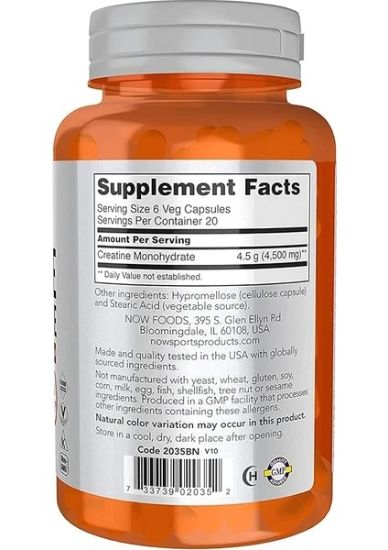 Now Foods, Sports, Creatine Monohydrate, Kreatin Monohidrat Mass Building / Energy Production 120 Veg Capsules resmi